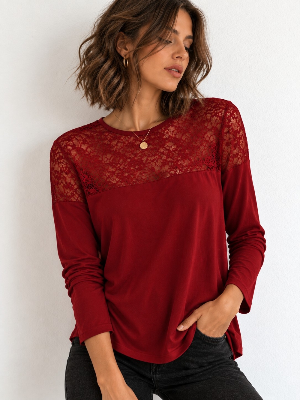 H&M Red Lace Yoke Long Sleeve Blouse Top Size XL